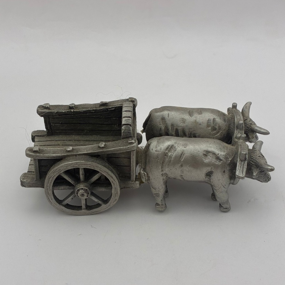 Fort Pewter Miniature Oxen and Cart Figurine Vintage Rustic Farm Decor